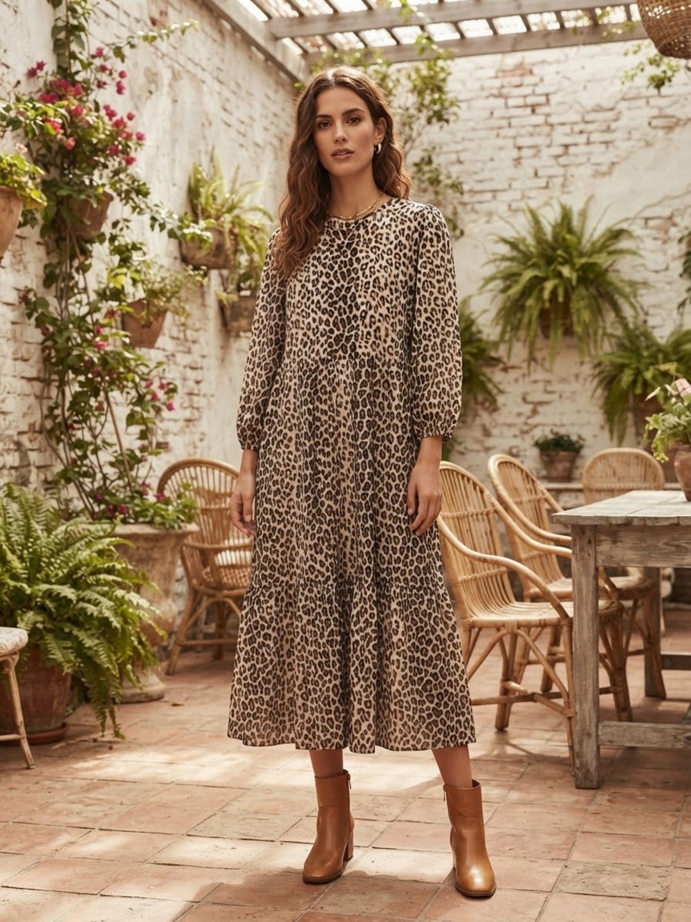 Zara Leopard Print Tiered Midi Dress Womenโs Size M